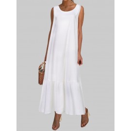 Casual Solid Color Ruffled Hem O-neck Pleated Long Maxi Tiered Dress