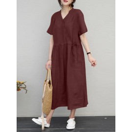 Women Solid Notched Neck Drawstring Waist Short Sleeve Dress