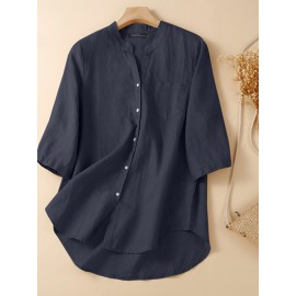 Women Plain Stand Collar Chest Pocket Cotton 3/4 Sleeve Shirt