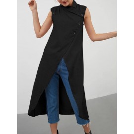 Solid Color Cross Wrap High Low Sleeveless Blouse For Women