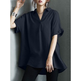Women Solid Johnny Collar Casual Short Sleeve Blouse
