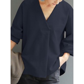 Women Solid V-Neck Pleated Casual Long Sleeve Blouse
