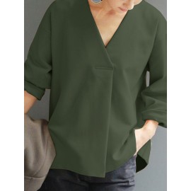Women Solid V-Neck Pleated Casual Long Sleeve Blouse