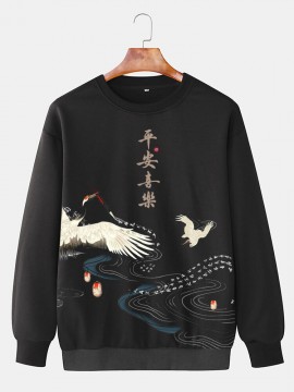 Mens Chinese Crane Print Crew Neck Pullover Sweatshirts Winter