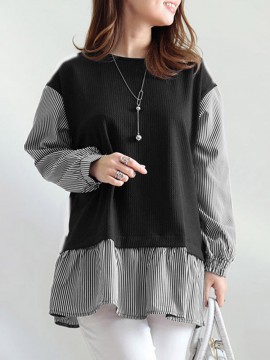 Women Stripe Patchwork Crew Neck Casual Long Sleeve Blouse